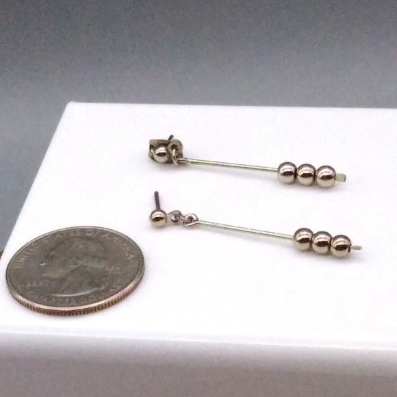 Minimalist Dangle Bar Earrings, Vintage Silver Tone Beaded Drop Studs - Picture 2 of 4